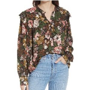 Treasure & Bond Nordstrom Floral Ruffle Trim Button-Up Shirt Size M Medium